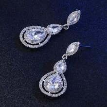 1 par de pendientes de lágrima con pavé de circonita cúbica brillante de lujo para mujeres, elegante estilo de señora noble para uso diario, fiesta, banquete, vacaciones, pasarela, joyería de moda