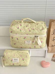 Bolsa de maquillaje de tela suave con patrón floral sobre fondo amarillo, con cierre de cremallera. Bolsa de almacenamiento linda para cosméticos, artículos de tocador, uso doméstico, viajes y mujeres
