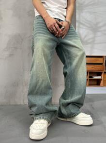 Modcrash 男士口袋阔腿休闲宽松牛仔裤，复古蓝色街头风裤子，适合送给丈夫、男朋友 - 橄欖綠 - 查看 8