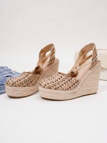 露背坡跟凉鞋女款，编织绳透气时尚露背系带单扣草编鞋 - 彩色 - 查看 5