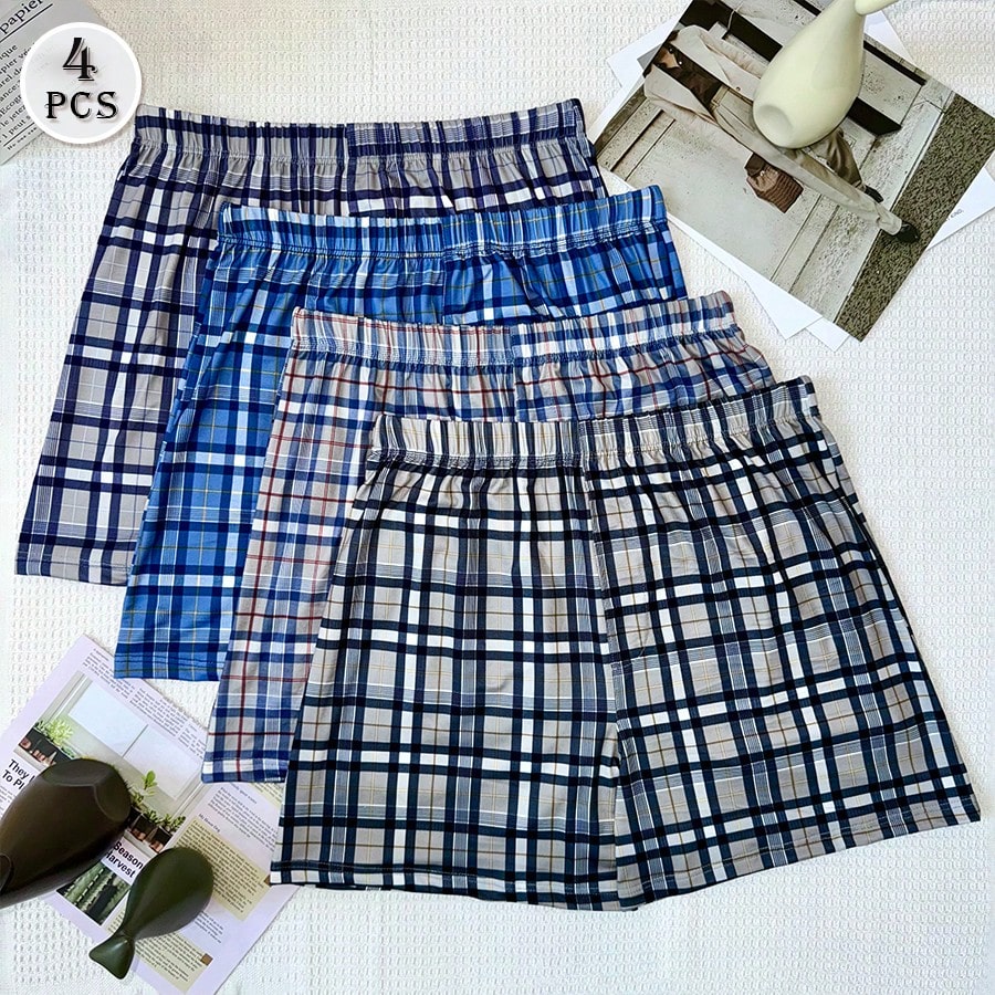 Piezas/Paquete Calzoncillos tipo bóxer para hombres de tallas grandes con cintura elástica, transpirables, estampado a cuadros, de ajuste holgado y