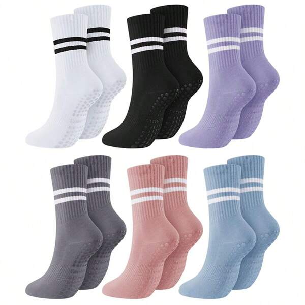 6 Pairs Of Yoga Double Bar Silicone Anti Slip Mid Length Socks For Dancing, Indoor Pilates, Flooring, Fitness, Women's Socks