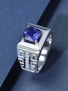 1 件 925 纯银男士结婚戒指，镶嵌方形实验室制造蓝宝石，奢华闪亮，适合婚礼、周年纪念、圣诞节送给丈夫的礼物 - 銀色 - 查看 2