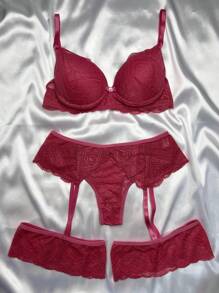 Lace Lingerie Garter Belt Set - Pink - View 7