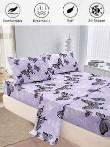 3/4pcs Purple Butterfly Pattern Print Polyester Sheet Set, Idyllic Style Soft Breathable Flat Sheet & Fitted Sheet Bedding Set For All Seasons (1 Flat Sheet+ 1 Fitted Sheet+ 1/2 Pillow Shams)