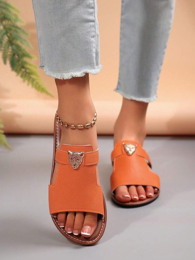 Women Strap Flat Sandals With Animal Pattern Decor, Lightweight Summer Casual Beach Slippers - Orange - View 1