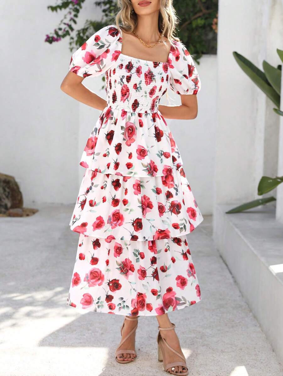 Women Summer Puff Short Sleeve Midi Dress Floral Printed Square Neck Smocked Dress Ruffle Tiered Flowy Long Dress Casual Spring Holiday Vacation Garden Boho Bohemian Wedding Guest Valentine Maxi Dress - 白色紅色花 - 查看 1