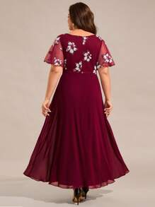 Plus Elegant Round Neck Floral Sequin Fall Dresses Formal Dresses For Mother Of The Bride Burgundy Bridesmaid Dresses - Burgundy - View 3