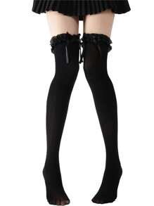 1 Pair Bow Lace Over The Knee Socks, Suitable For Wearing With Mini Skirts, Y2k