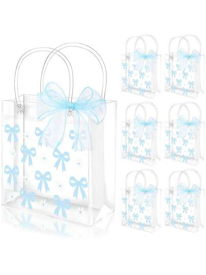 1 套蝴蝶结透明 PVC 礼品袋蓝色蝴蝶结雏菊花派对礼品袋带手柄手提袋带丝带适用于婚礼生日