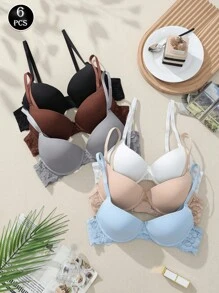 6PCS Lace Underwire Lingerie Bra, Push Up Lingerie Bra, Thick Coasters - Multicolor - View 1