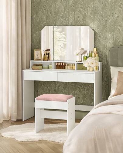 VASAGLE Coiffeuse avec Miroir Pliable, Table de Maquillage, avec 2 tiroirs et 3 Compartiments de Rangement, Style Moderne, Blanc