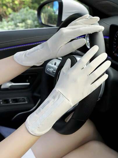 1 双随机印花休闲波西米亚风涤纶女士夏季防晒手套，透气薄丝质无指手套，适合驾驶、骑自行车、触摸屏使用