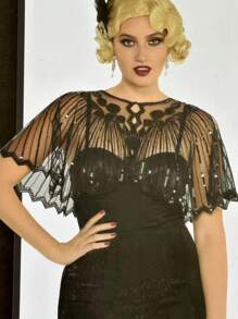 1920年代亮片流苏披肩，复古薄款透气闪亮斗篷，优雅短款披肩，适合女士宴会及礼服穿着。