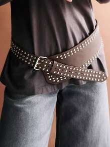 1 Pc Women's Vintage Punk Studded Faux Leather Belt - Brown - View 4