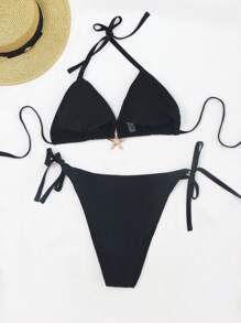 Set bikini da donna taglie forti composto da 2 pezzi, nuovo, sexy, con laccio al collo, colore unito, decorato con stelle marine, adatto per vacanze al mare estive