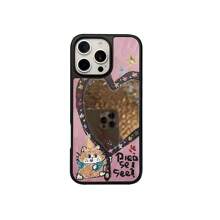 GUCADI 1 st. Zwarte Kat & Ster Decoratieve Spiegel Harde Telefoonhoes met Liefdeskralen Lanyard, Compatibel met 16/15/14/13 Serie, Schattig Cartoon Kattenontwerp, Niche Stijl