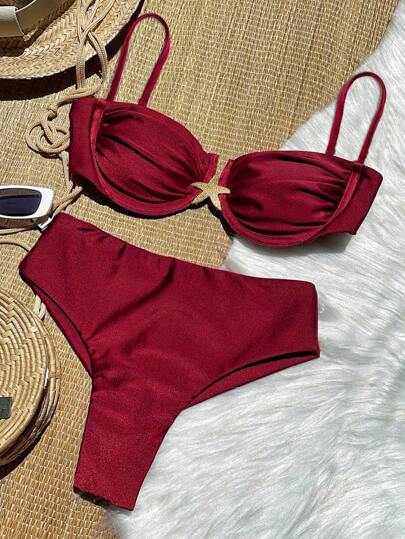 新款欧美风纯色简约性感钢圈聚拢海星金属装饰细肩带比基尼两件套，酒红色，适合夏季海滩度假休闲穿着