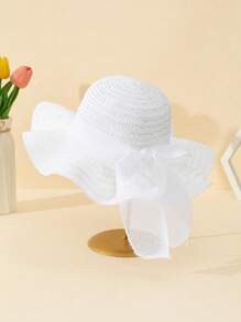 1 件男女通用幼儿亚麻面料蝴蝶结装饰简约休闲波浪风格草编太阳帽，适合夏季外出、日常生活防晒、沙滩度假装、儿童节礼物、婚礼季节服装