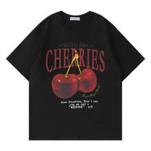 Aelfric Eden Oversized Graphic Tees Unisex Cherries Print T Shirts Casual Summer Short Sleeve Top Cotton Cute Tee Shirt Fashionable Plus Size Women's T-Shirt, Super Soft And Breathable Cotton | Comfortable Fit, Versatile Everyday Style, Suitable For All Seasons. - 黑色 - 查看 1