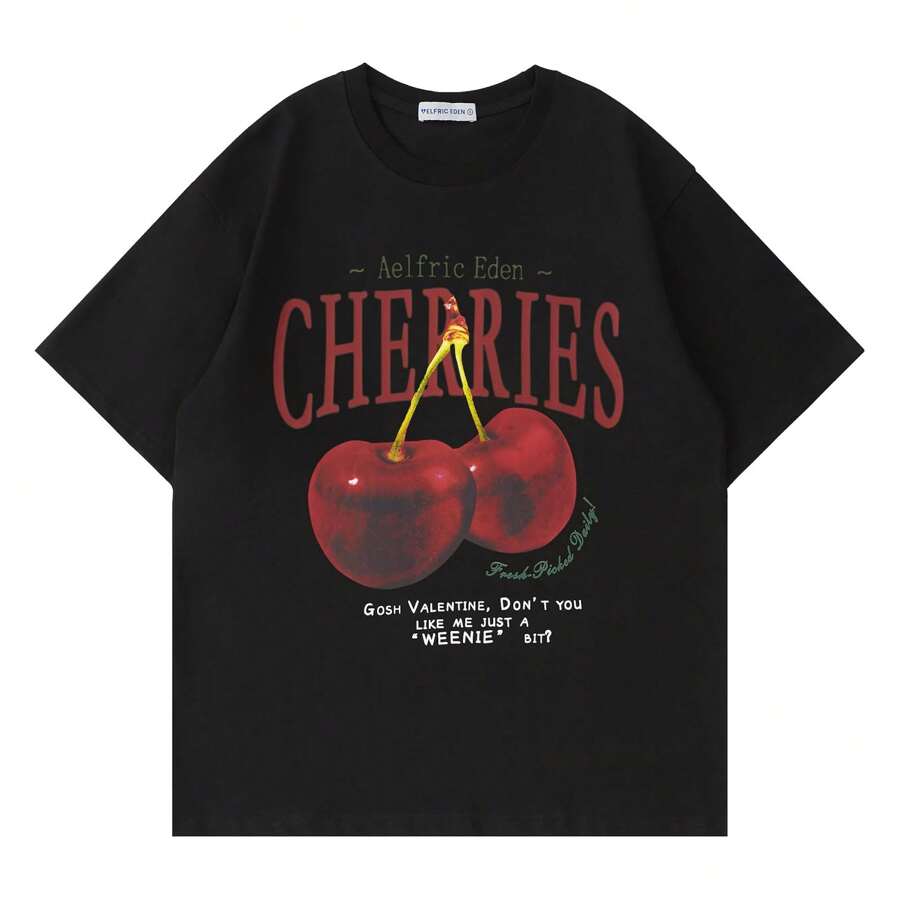 Aelfric Eden Oversized Graphic Tees Unisex Cherries Print T Shirts Casual Summer Short Sleeve Top Cotton Cute Tee Shirt Fashionable Plus Size Women's T-Shirt, Super Soft And Breathable Cotton | Comfortable Fit, Versatile Everyday Style, Suitable For All Seasons. - 黑色 - 查看 1