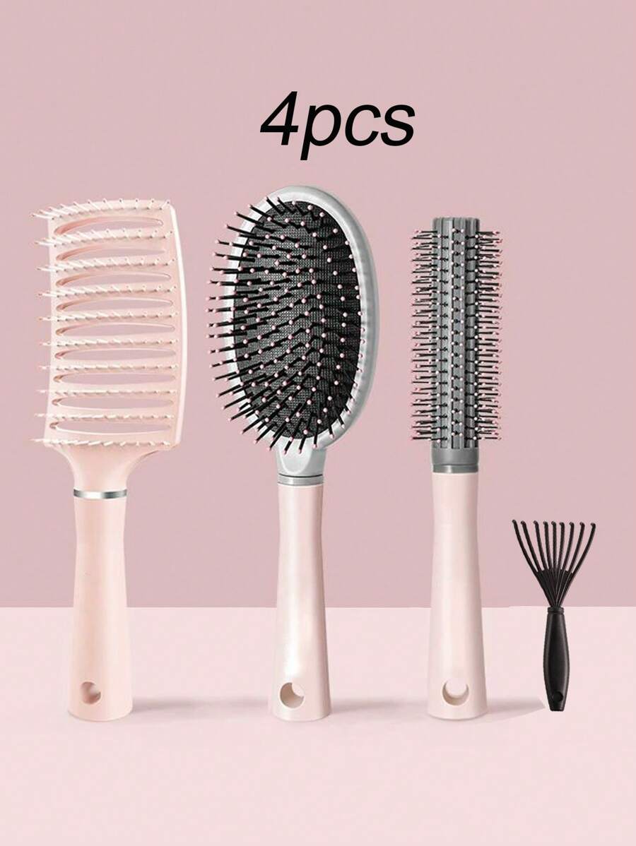 1 套发刷套装 - 1 件弧形头部按摩刷 + 1 件梳子刷 + 1 件卷发刷 + 1 件带气垫的清洁刷和塑料卷发梳发叉、发刷、梳子、美发工具、美发产品及理发沙龙美容旅行必需品配件 - 彩色 - 查看 1
