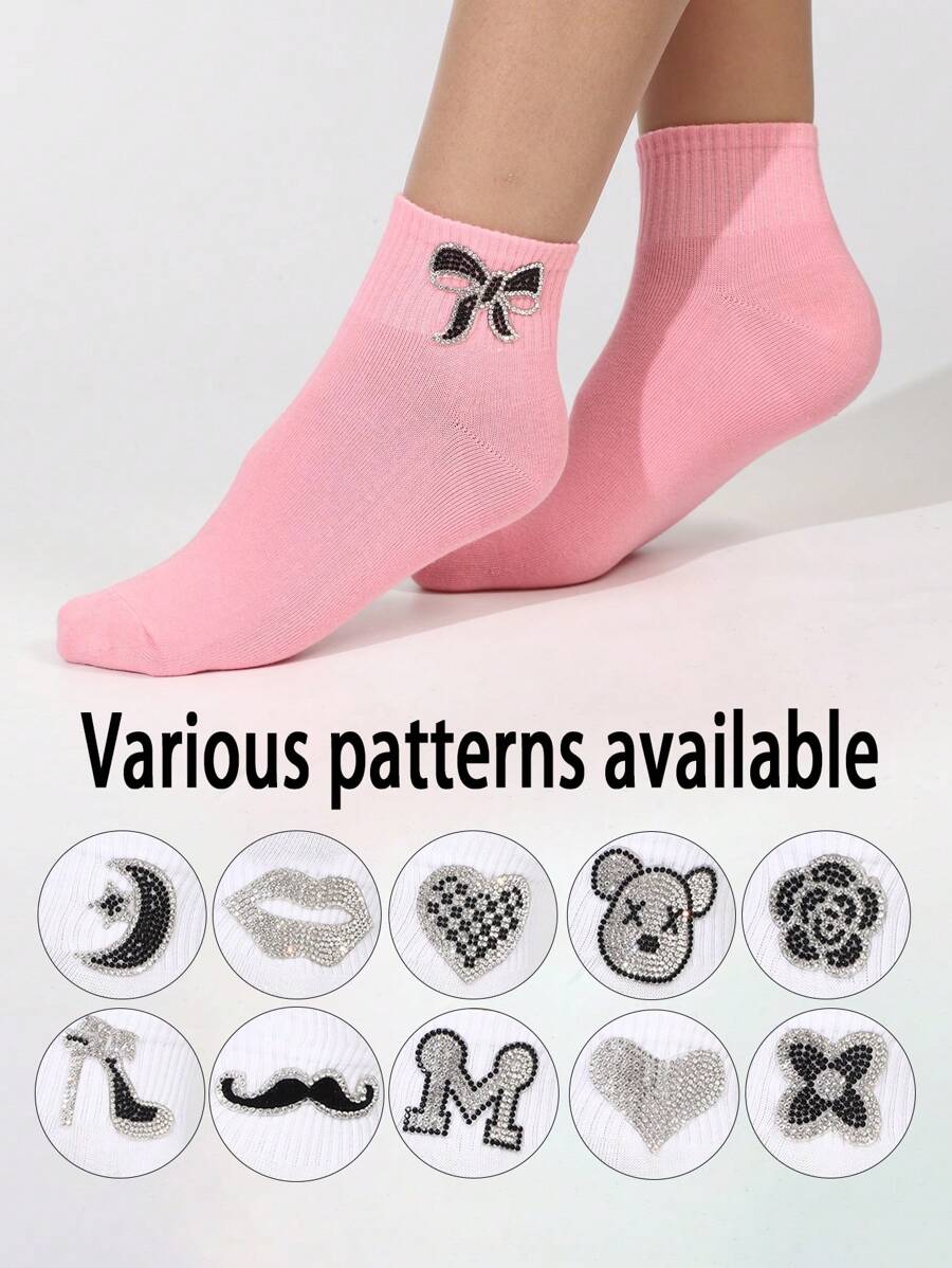 1 Pair Women Pattern Rhinestone Press Heat Transfer Sweat-Absorbent Minimalist Elegant Socks, Suitable For Daily Indoor/Outdoor Sports & Leisure - Multicolor - View 1