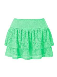 Women Tiered Ruffled Short Skirts Floral Lace Sheer Mid Rise Lined Cute Flowy Mini Skirts - Green - View 3