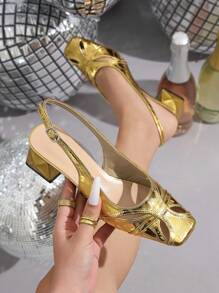 Women's Metallic Gold French High-End Medium Heel Roman Shoes, Hollow-Out Closed Toe Summer Retro Low Vamp Shoes, Square Toe Thick Heel Round Toe Designer High Heel Shoes, Non-Slip Strap Sandals