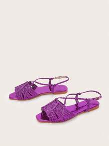 Purple PU Leather Handwoven Strap Handmade Woven Panel Stone Texture Design Ladies Flat Sandals, Random Woven Texture, Random Stone Texture - Purple - View 5