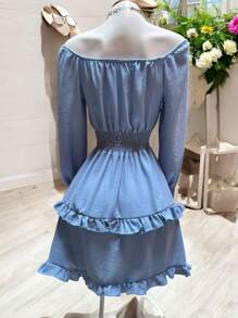 SHORT DRESS WITH LONG SLEEVES AND SPRING, COUNTRY STYLE, DOUBLE Ruffle, CEY FABRIC. MOD. ELSIE - Blue - View 9