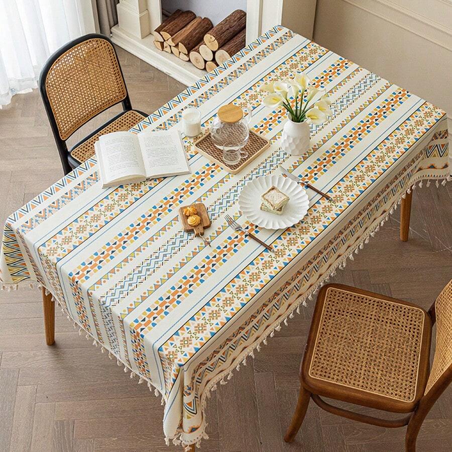 Böhmische Tischdecke aus Baumwolle und Leinen, waschbarer Stoff im ethnischen Stil, rechteckige Quaste, Restaurant-Tischdecke für Privatunterkünfte, wasserdicht und ölbeständig  Rechteckige Tischdecke aus Baumwollleinen, böhmisches Quastendesign, Tischdecke, Bauernhausdekor, rechteckige Tischdecke, knitterfreie Tischdecke für drinnen und draußen, geeignet für Partys, Picknicks, Küchen und Restaurants