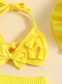 Conjuntos de trajes de baño de verano para niñas pequeñas, blusa con cuello colgante, pantalones cortos con volantes en capas y sombrero. - Amarillo - Ver 6