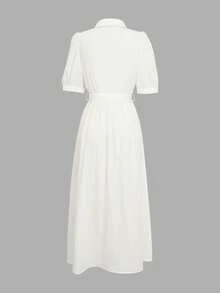 女士轻薄衬衫裙，开领纯色宽松衬衫裙，系带泡泡袖，短袖，无弹力，休闲通勤法式简约风格，优雅女士度假装，毕业季、情人节、独立日、返校季礼物，女士白色夏季连衣裙 - 白色 - 查看 8