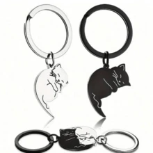 1对，可爱甜美浪漫拥抱小猫银色和黑色钥匙扣，卡通黑白猫不锈钢钥匙扣，适合情侣包包车钥匙装饰，情人节礼物。 - 彩色 - 查看 1