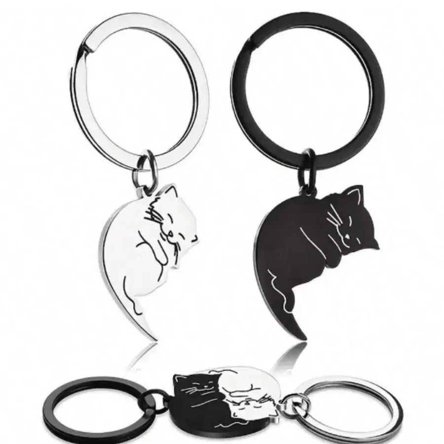 1对，可爱甜美浪漫拥抱小猫银色和黑色钥匙扣，卡通黑白猫不锈钢钥匙扣，适合情侣包包车钥匙装饰，情人节礼物。 - 彩色 - 查看 1