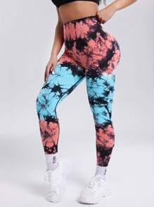 新款女士高弹力扎染瑜伽裤，适合骑行、健身、跑步 - 橘紅 - 查看 4