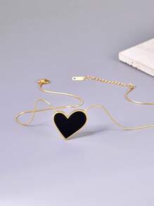 1 件女士金色时尚不锈钢项链配黑色大心形吊坠，适合日常佩戴 - 金色 - 查看 3