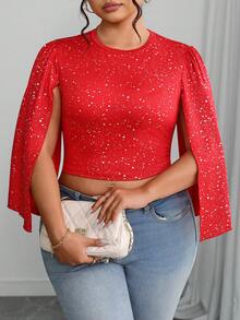 Plus Size Fashion Red T-Shirt With Silver Print And Split Sleeve, Cropped - Red - View 4