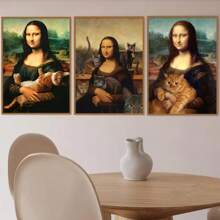 Zestaw 1/3 szt. Pop Wall Art Gruby Kot w ramionach Mona Lisy Plakaty i wydruki Zwierzęta Sztuka ścienna Druk na płótnie Plakaty Salon Wystrój domu Bez ramek