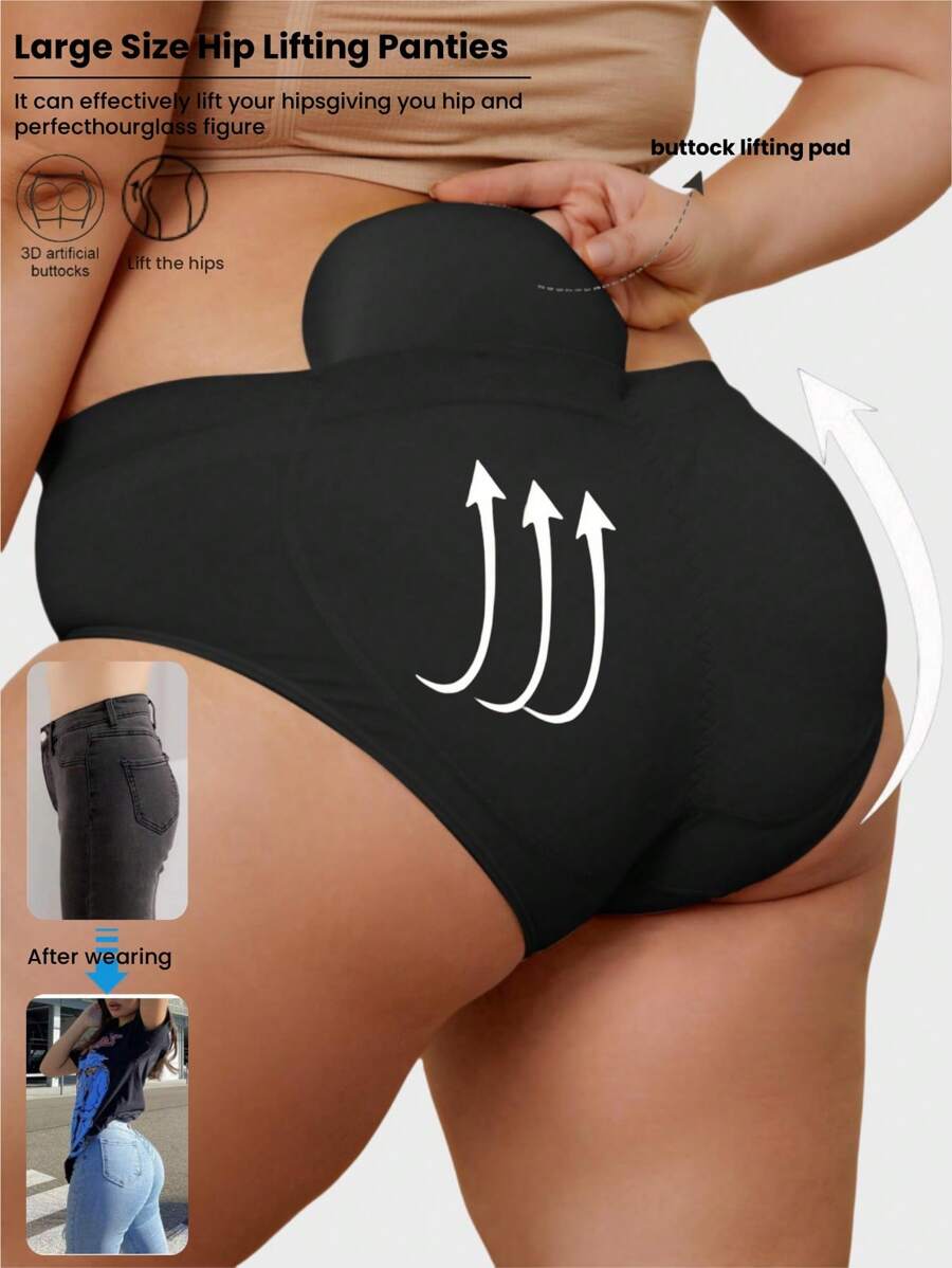 Plus Size 1pc Adjustable Underwear With Removable Padded Bottom, Comfortable Tummy Control Shapewear Panties With Butt Lift - Black - View 1