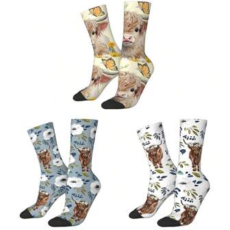 Calcetines de compresión divertidos y felices para hombres con vaca de las tierras altas y estampado floral vintage Harajuku Hip Hop, calcetines casuales y locos como regalo con estampado