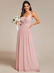 EVERPRETTY V-Neck Spaghetti Strap Silver Thread Bridesmaid Dress - Pink - View 1
