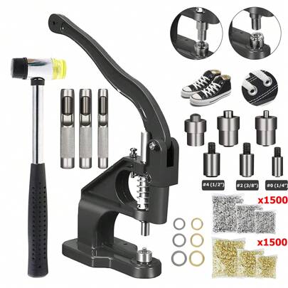 1 set di macchina per occhielli a pressione manuale, set di strumenti per occhielli e perforatori con timbri, occhielli, martello per bottoni automatici, rivetti, occhielli e perline