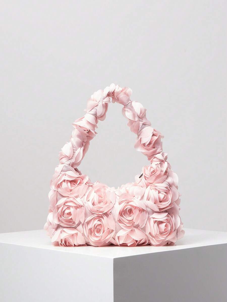 优雅 3D 玫瑰花朵单肩包、女士手提包、婚礼晚宴包、新娘包、女士派对礼服、女士优雅包、婚礼用品（图案随机） - 粉色 - 查看 1