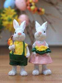 Lot de 2 statues de lapins de Pâques en résine - Décoration de jardin de printemps pour l'intérieur et l'extérieur, figurines de lapin de table ou de cour, décoration de lapin habillé pour Pâques