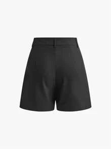 Casual & Commute Simple Solid Color Mid-Waist Suit Shorts (No Belt), Summer - Black - View 4