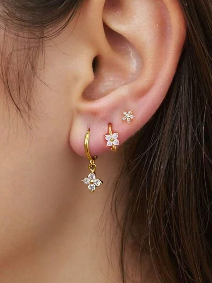 3pcs/Set Gold Zirconia Flower Pendant Earrings Set, Hypoallergenic 14K Gold Plated Earrings For Women, Suitable For Multiple Ear Piercings, Daily Wear - Gold-3# - View 1
