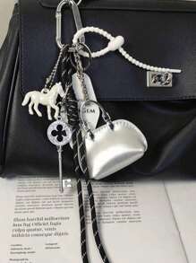 1pc Simple Silver Baby Keychain; 1pc Laser Small Horse Keychain Pendant Y2K