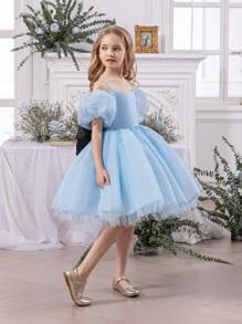 Young Girls Elegant Bowknot Strap Dress, Delicate Princess Dress Suitable For Flower Girl, Wedding, Party, Birthday, Prom And Other Formal Occasions - Blue - View 6